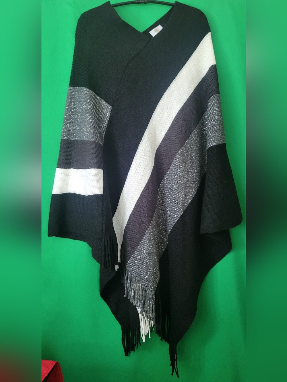 Black White Stripe Knit Poncho Fringe Pullover Knit MarleyLilly Plus Scarf Shawl
